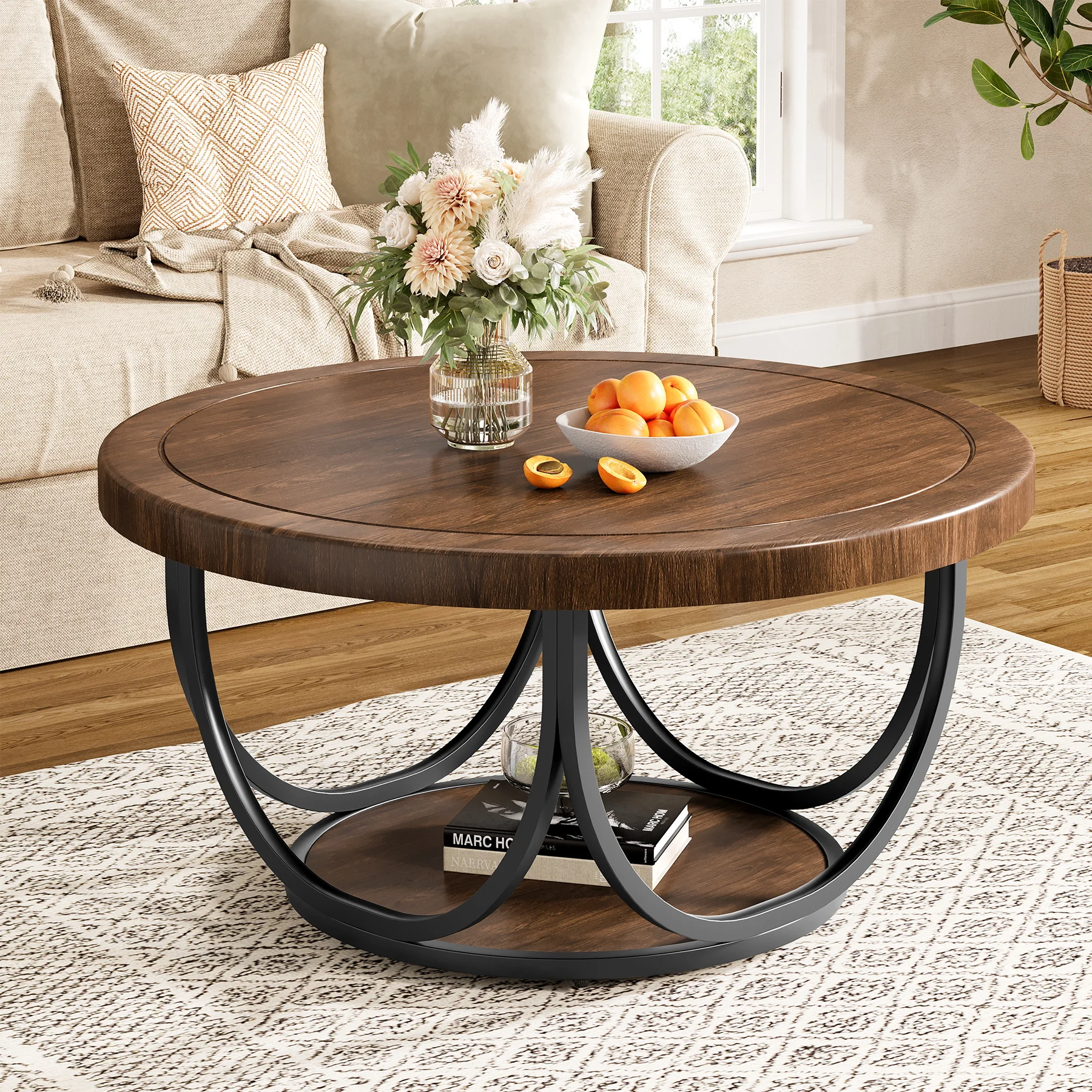 Tribesigns Round Coffee Table with 2 Tiers, 35.4" Wooden Circle Accent Cocktail Table with Storage Shelf and Metal Frame