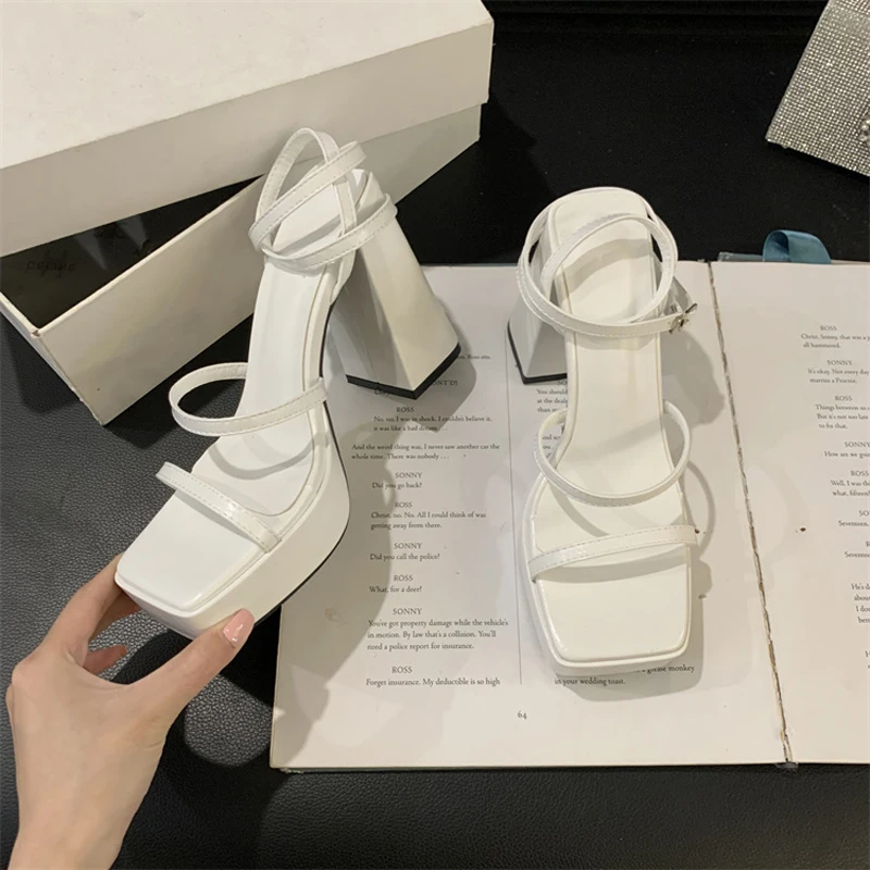 11cm Heeled Sandals Women Square Toe Belt Platform Shoes White Comfort Party Dress Shoes Summer Chunky Heels Sandalias Mujer