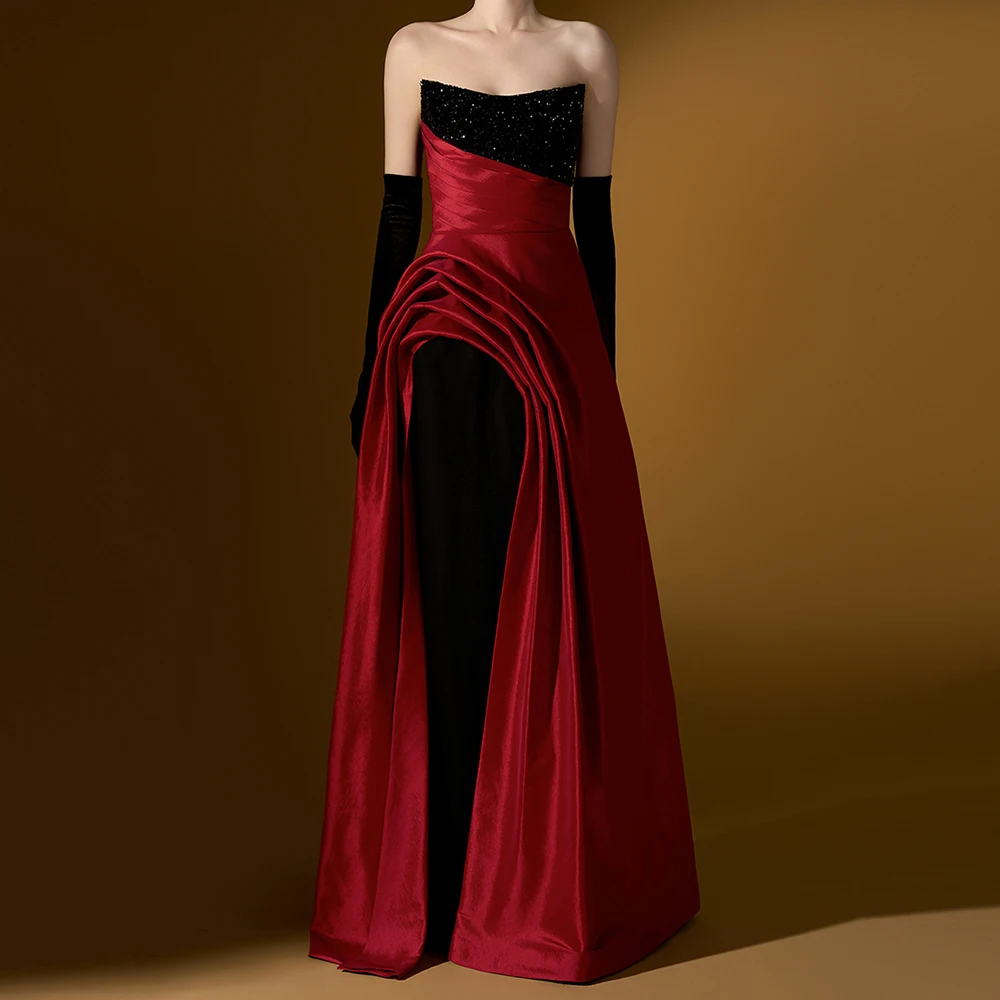 

Customized A-line Evening Dresses Floor-length Strapless Three Quarter Sleeve Prom Gown Fashion Pleat Sequined Draped Party Gown