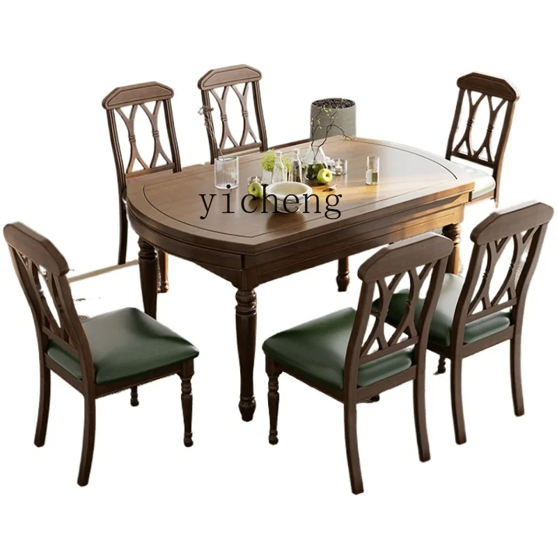 

ZF Country Solid Wood Dining Table Household Restaurant Retro Retractable Folding round Dining Tables and Chairs Set Furniture