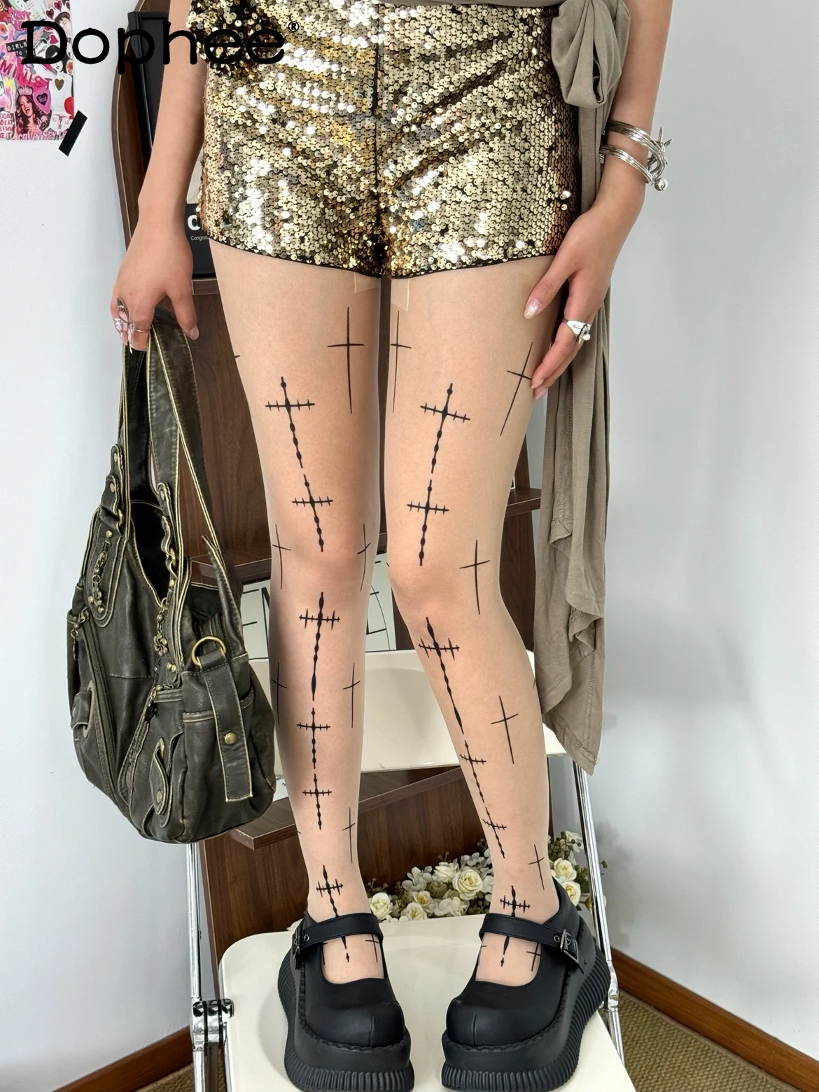 

2K субкультура тысячелетия, горячие чулки с перекрестным принтом для девочек, милые крутые винтажные японские оригинальные леггинсы в стиле Лолиты для девочек