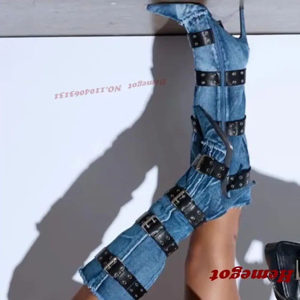 Denim Belt-Buckled Fringe Knee High Boots Pointy Toe Patchwork Stiletto Heels Women's Long Boots Side Zipper Splicing Shoes Sexy
