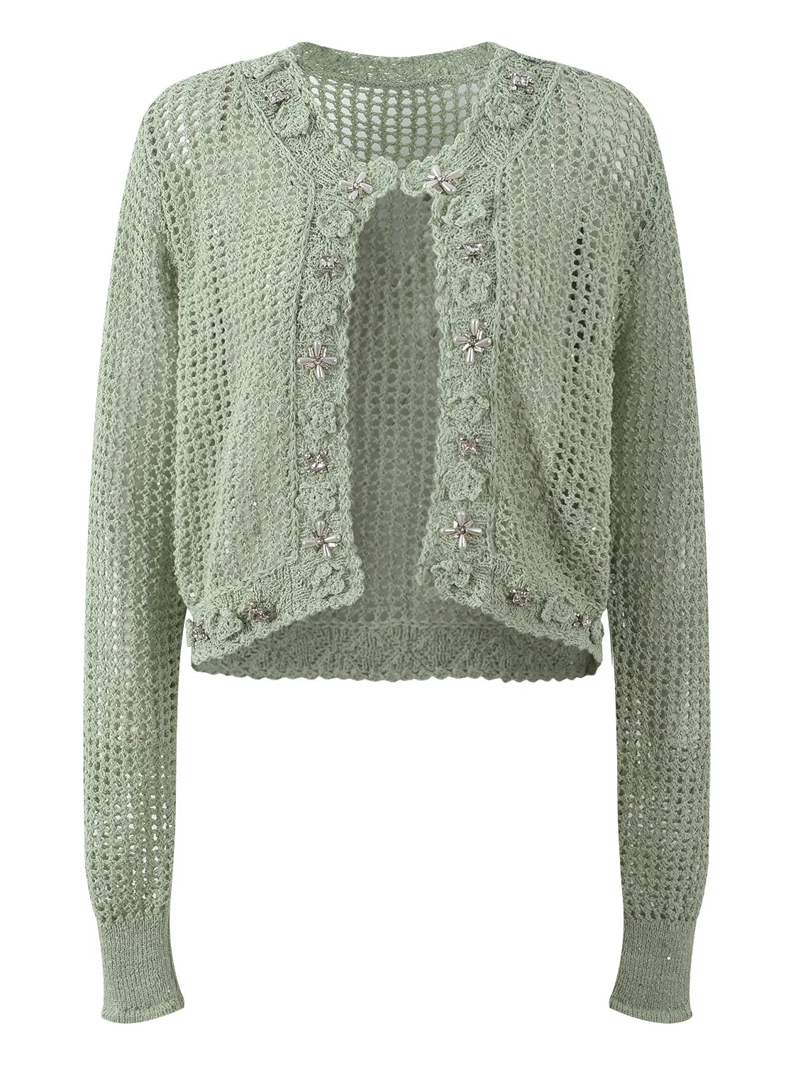 

Модный летний вязаный кардиган 2025 с вырезами и стразами, легкий, дышащий, с коротким рукавом и круглым вырезом