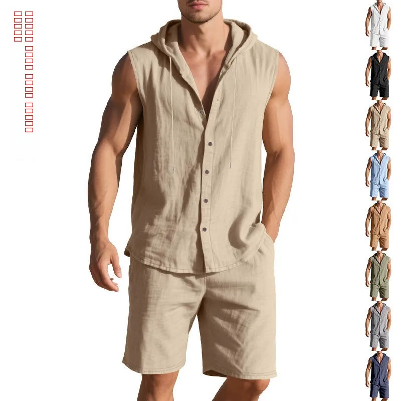 

Мужской летний повседневный комплект из льняной рубашки без рукавов и шорт с капюшоном: модный, удобный, дышащий, легкий