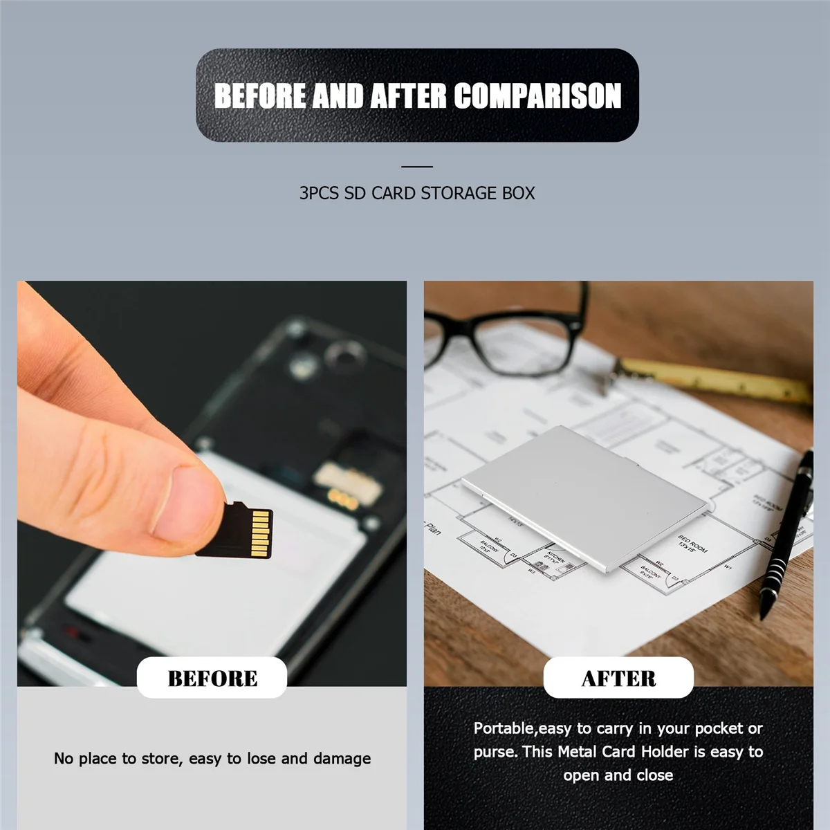 Alumínio Alloy Memory Card Case, Card Box, titulares para 3 cartões SD