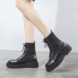 leather Platform Boots New Autumn Women Light Comfortable Chunky Boots Fashion Lace up Lady Shoes Footwear