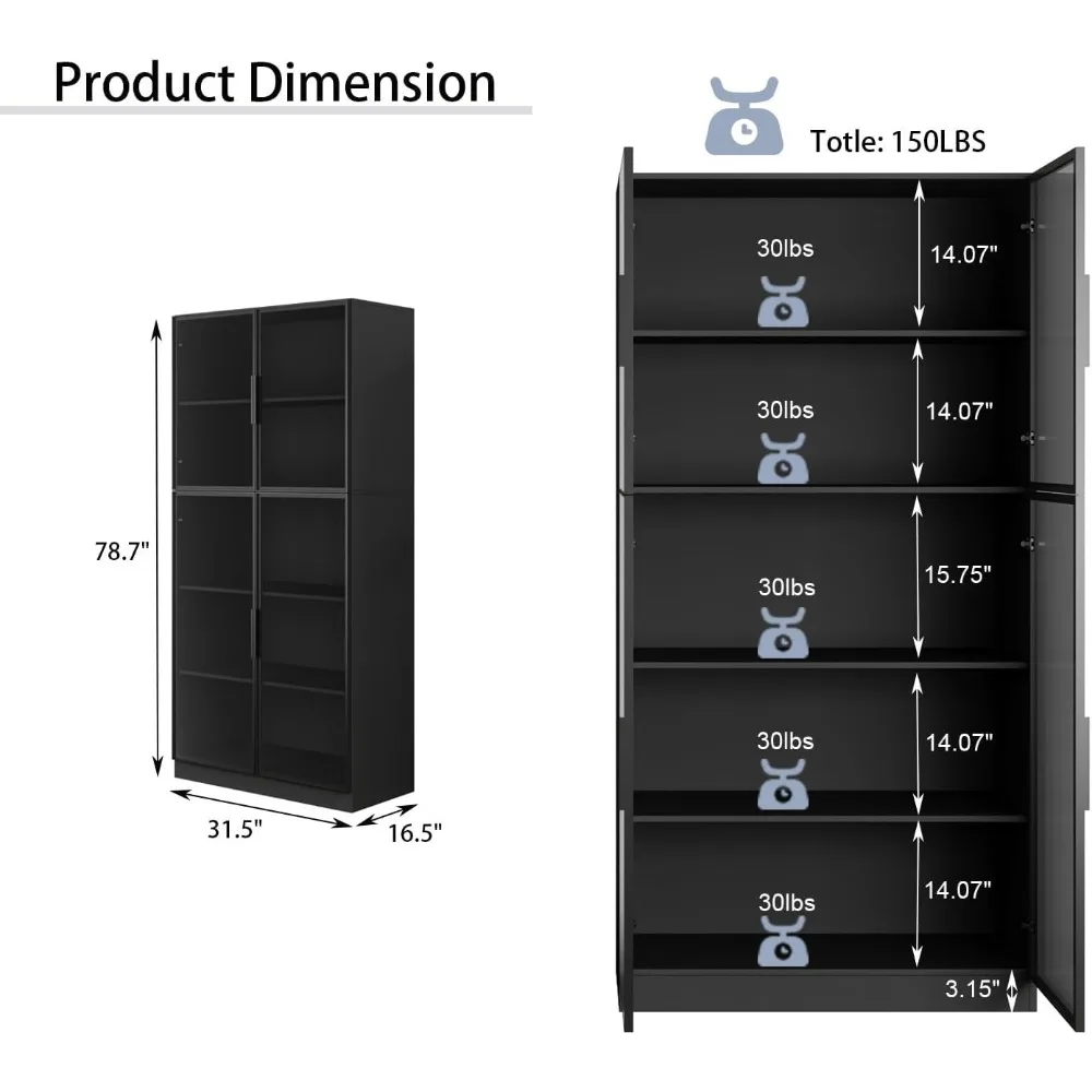 Glass Door Cabinet with Lights and Shelves, Glass Doors and L-Shaped Handle, Freestanding Bookcase, Display Cabinet