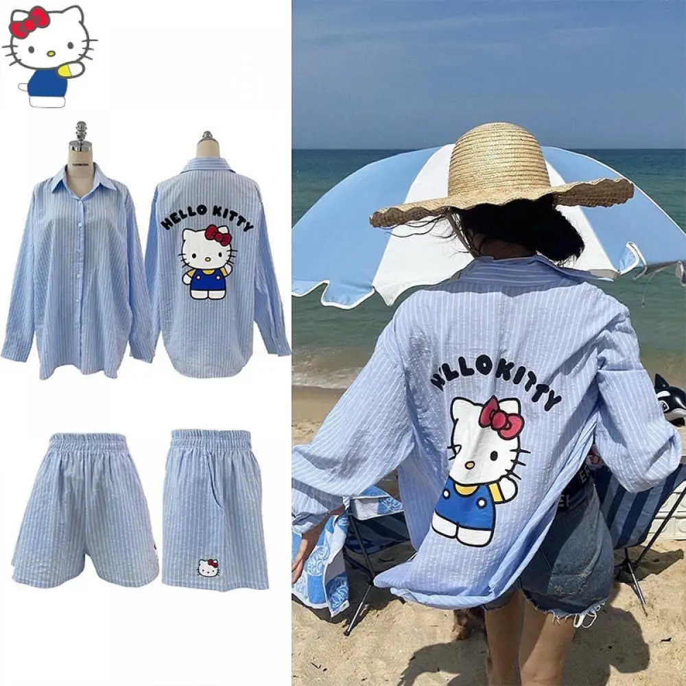 

Рубашка Sanrioed Hello Kitty, шорты, пижамный костюм, аниме Kawaii, хлопковый кардиган с героями мультфильмов, домашняя одежда для девочек, студентов, весенняя повседневная свободная одежда