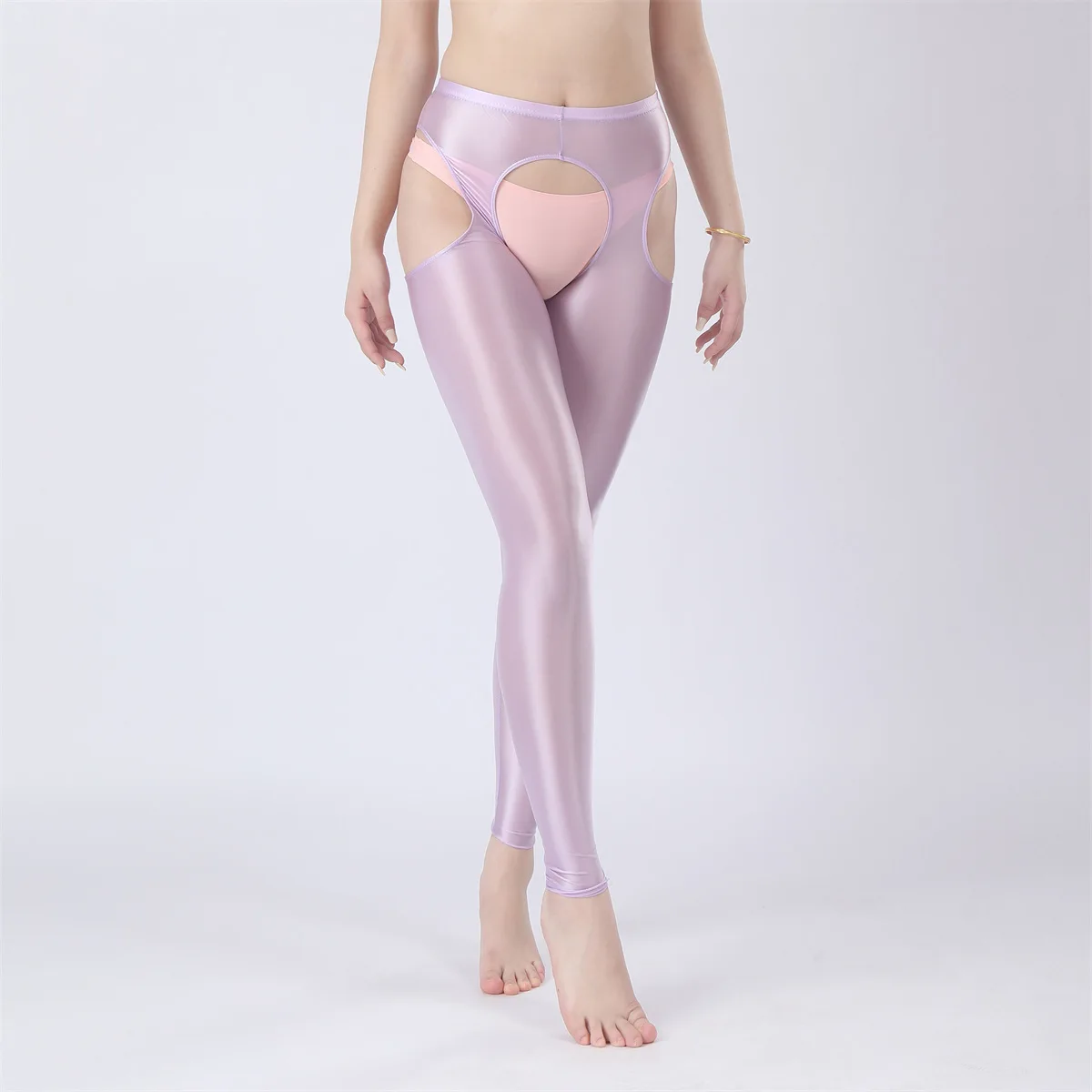 

Sexy Large Size Four-Way Split Gym Smooth Shiny Crotchless Pants Nylon Fabric Hollow out Design Tight Fit for Daily Wear