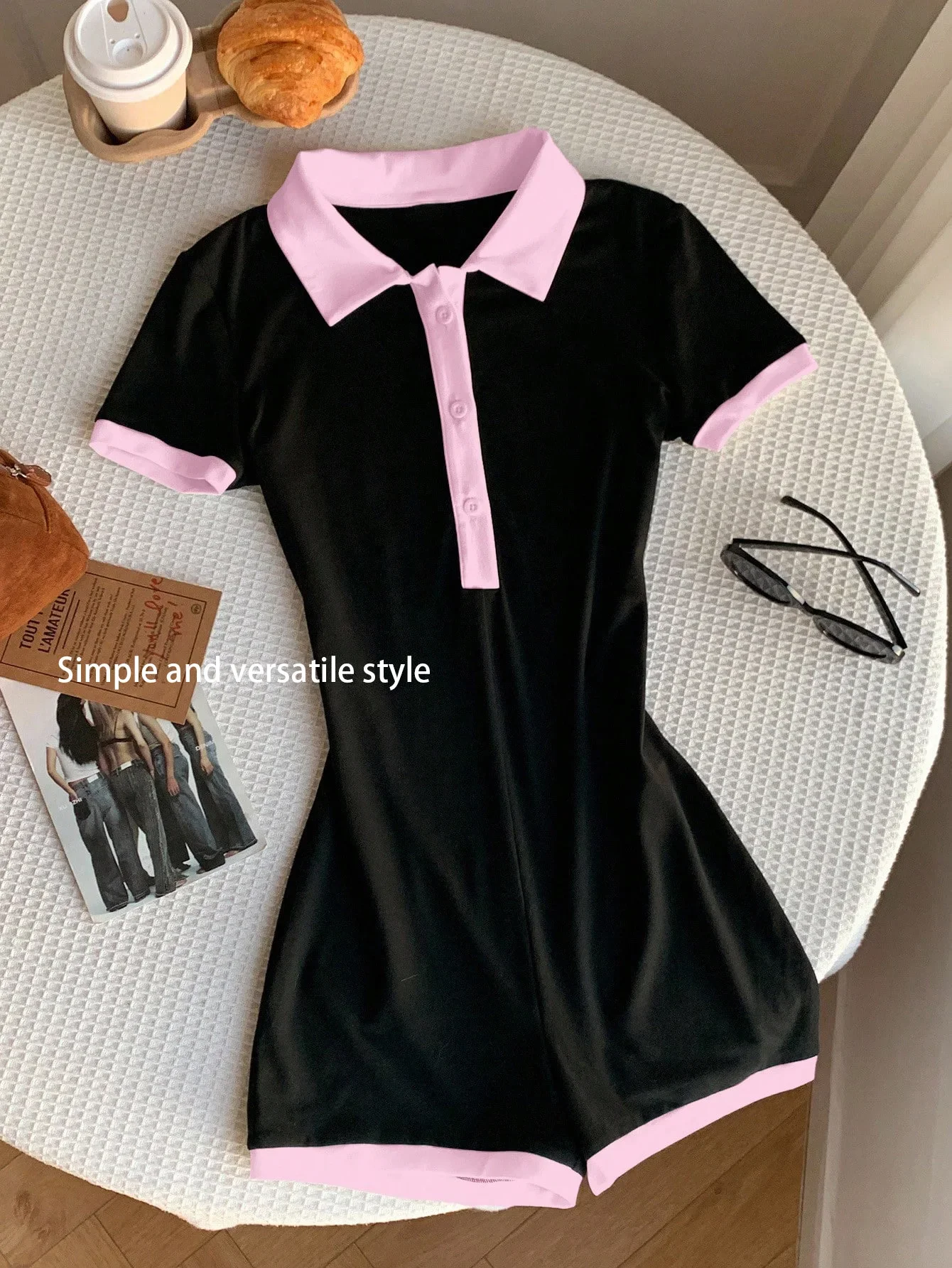 จั๊มสูทสีดำและสีชมพู ชุดโยคะและฟิตเนส ช่วยให้ดูผอมลง สวมใส่ได้ทั้งนอกบ้านและอยู่บ้าน จั๊มสูทขาสั้น