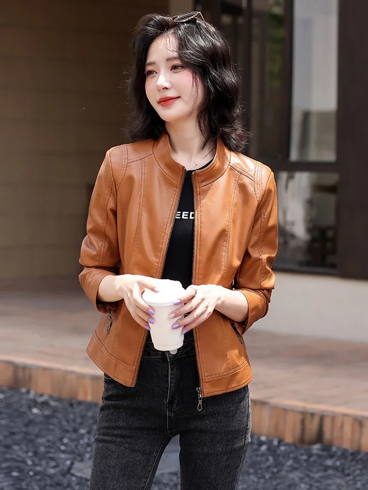 Women's Short Leather Jacket 2026 New Fashion Spring Autumn Large Size Stand Collar Motorcycle Sheepskin Coat Outerwear