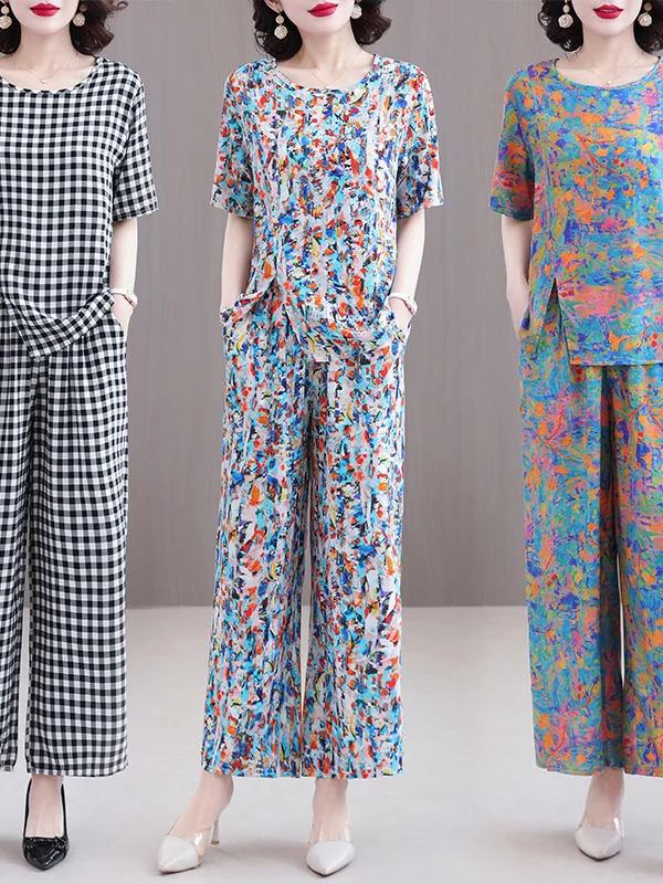 Summer Casual Style Plaid Cotton Silk Set Women's Split Wide Leg Pants Outwear Suitable for Older Women And Mothers Sleepwear