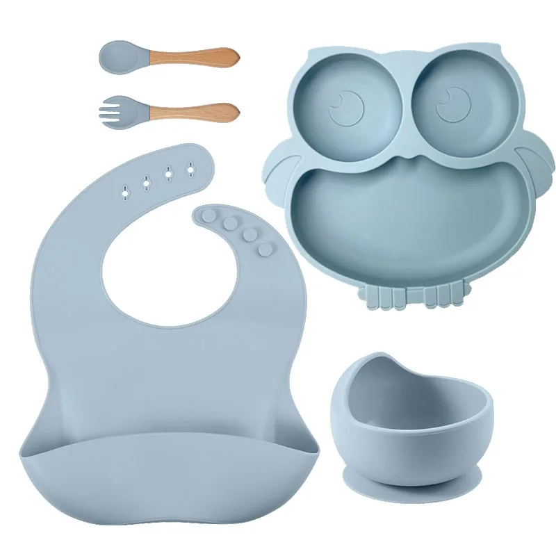 BPA Free Baby Silicone Tableware Set Divided Baby Plates Feed Bowls Straw Cup Spoon for Toddler Train Cute Owl Children Dishes