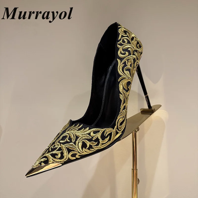 

Новые женские туфли-лодочки с вышитым дизайном, металлические остроконечные туфли с неглубоким носком, тонкий высокий каблук, весенне-осенняя модная темпераментная одинарная обувь
