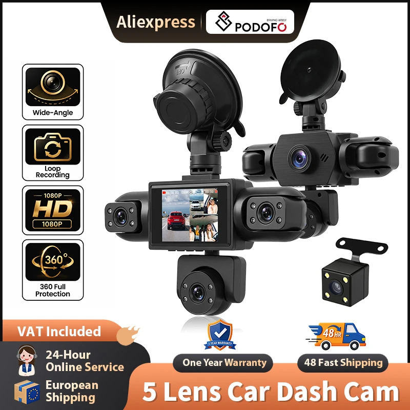 Podofo Dash Cam 1080P con 5 Lenti ad Alta Definizione, Registratore Video per Auto, Registrazione in Loop, Visione Notturna, Kit di Collegamento Fisso, Accessori per Assistenza al Parcheggio,