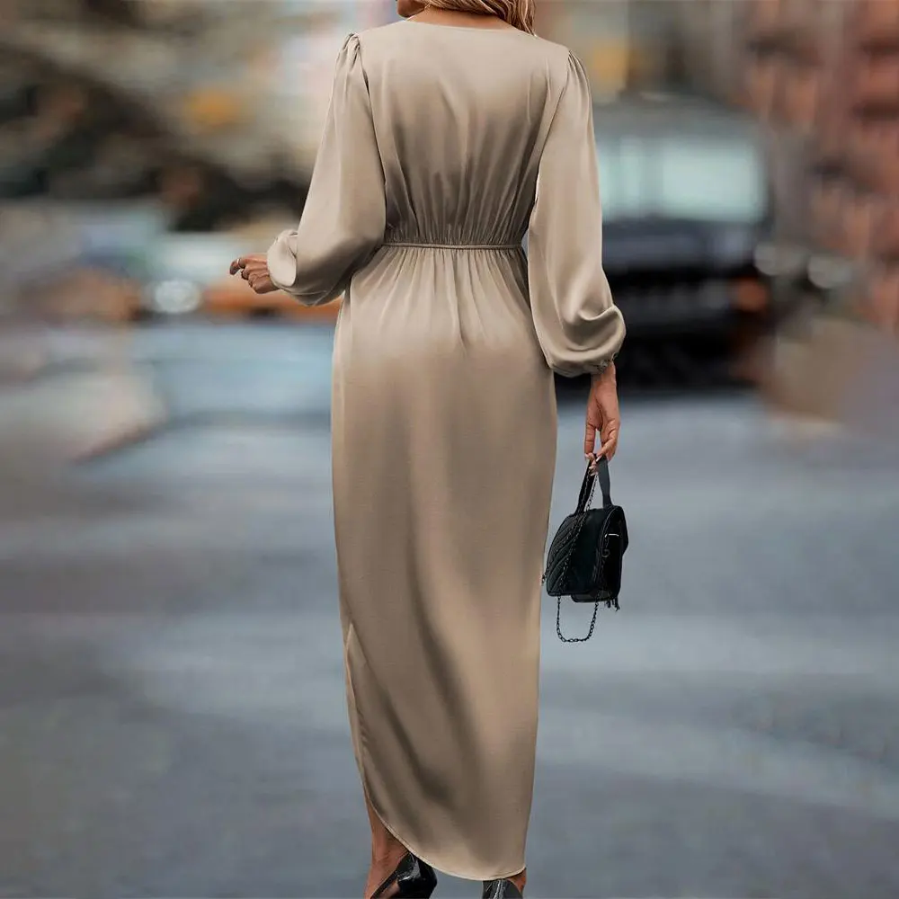 Women Maxi Satin Dress Solid Draped Dress Silk V-Neck Satin Long Sleeve Evening Party Office Lady Midi Dresses Sexy Chic Robes