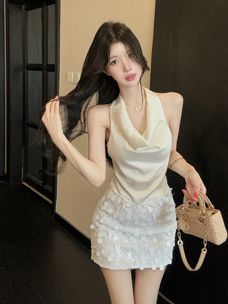 Elegant Satin Short Skirt Set with Sashes And Neck Hanging Sleeveless Top Sexy Bodycon Design for Casual Summer Wear