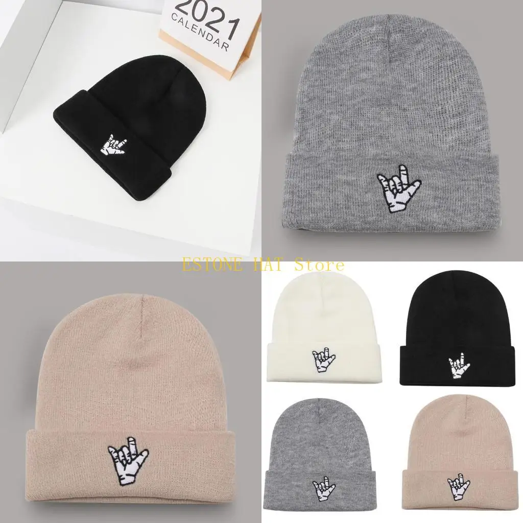 49MF Embroidery Gestures Beanie Hat Hip Hop Woolen Hat All-match Warm for Outdoor Activities in Cold Weather Skiing Riding