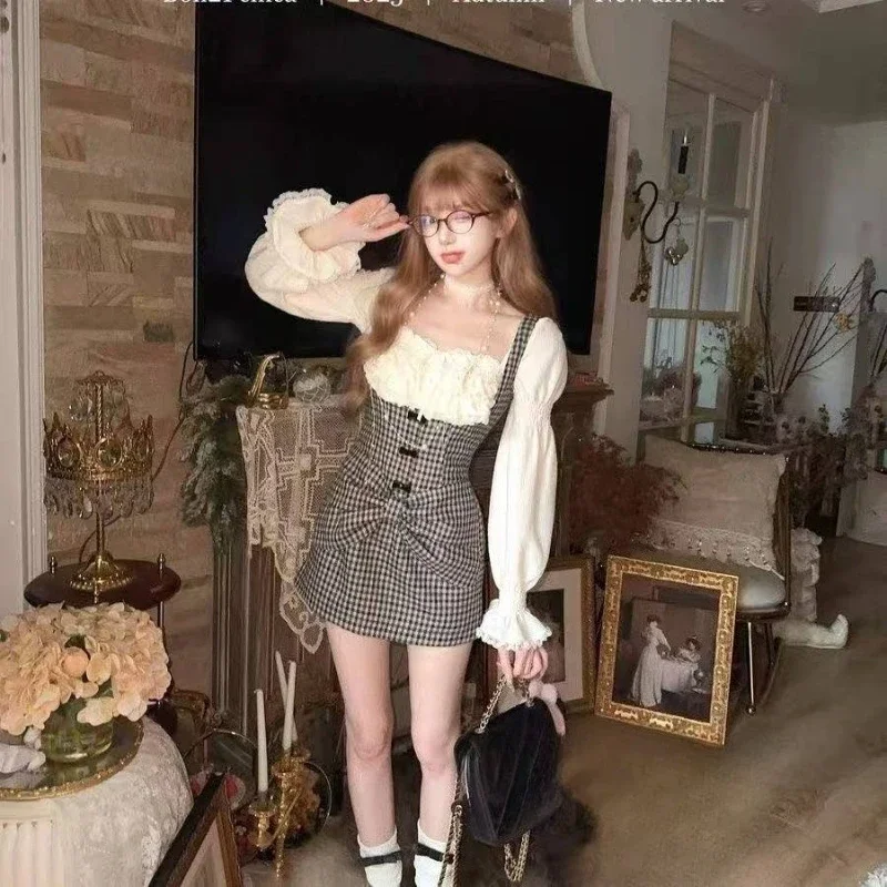 

Korean Fashion Suit Solid Lace Blouse Tops High Waist Y2k Mini Dress Elegant Plaid Dress Japanese Style Sweet 2 Piece Set Woman