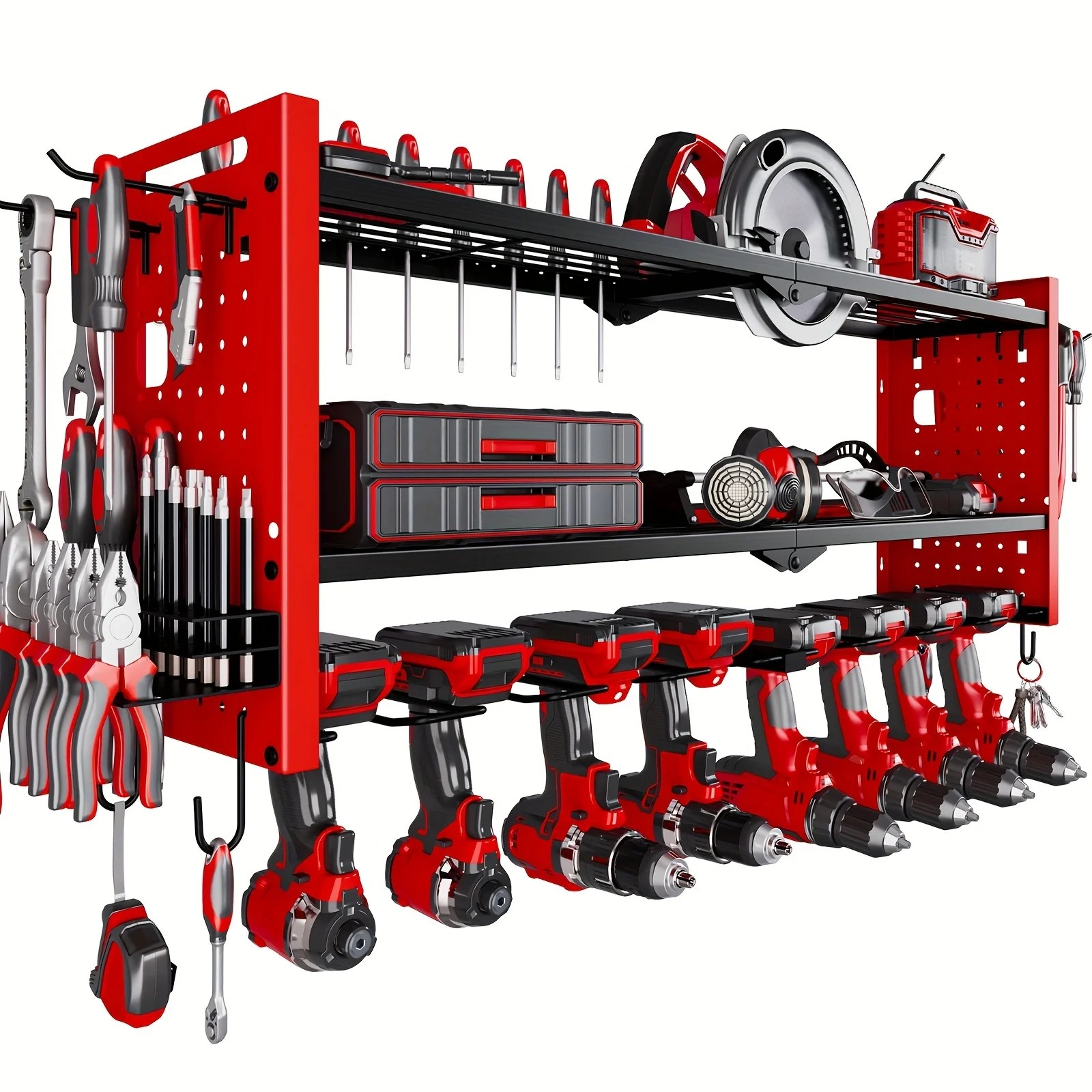 

3 Layer Power Tool Organizer Wall Mount, Power Tool Storage Rack with 8 Cordless Drill Slots, Heavy Duty Tool Organization Rack, Wall-Mounted Garage Tool Shelf