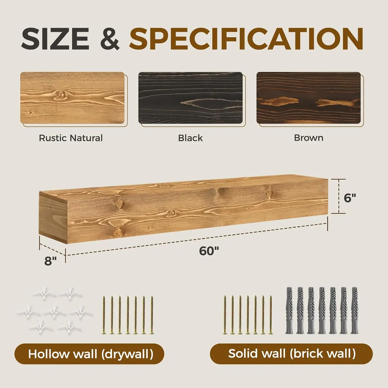 60'' Fireplace Mantel, 6'' Thick Pine Wood Floating Shelf, Wood | Handcrafted Rustic Finish, Concealed Brackets, Scratch-Resista