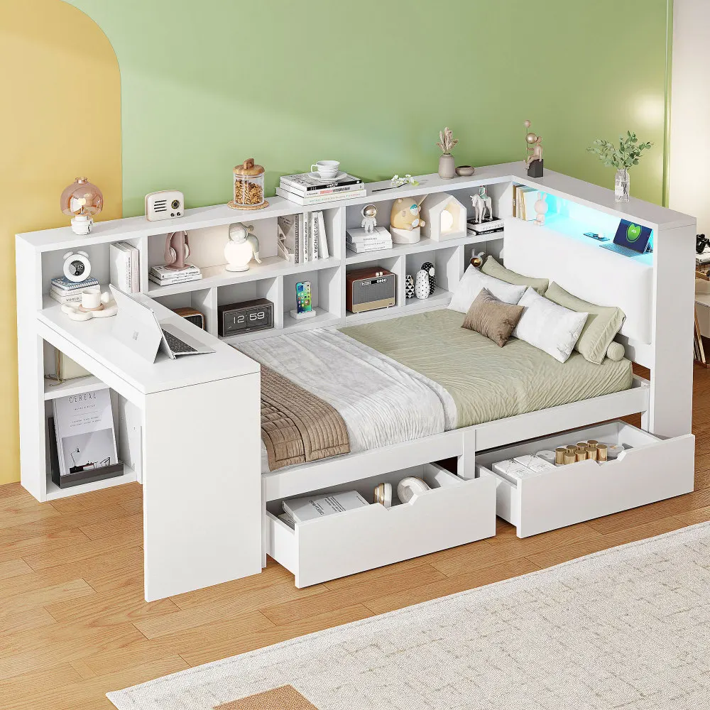 90x200 L-förmiges Plattformbett aus Holz mit Schreibtisch und Bücherregal, Eckkapitänsbett mit gepolstertem Kopfteil, Schubladen, LED-Licht – Detail 5