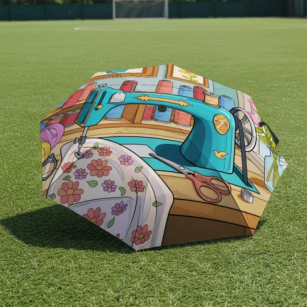 1P C Colorful Sewing-Themed Umbrella in Front of White Building Print 8 Iron Ribs Folding Umbrella Auto-Open Fashion Sunshade
