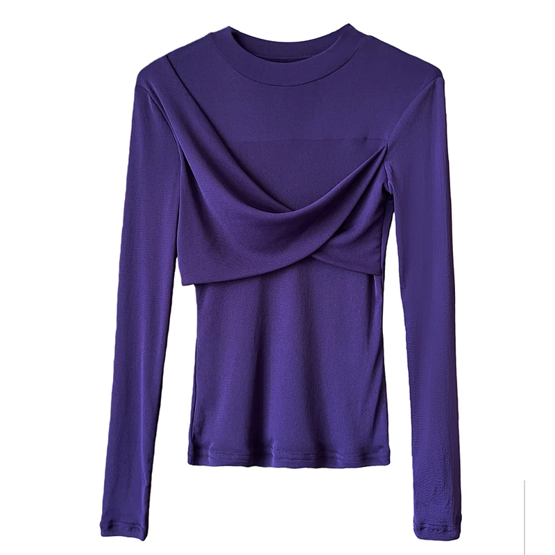 한국 패션 라운드넥 단색 긴팔 티셔츠 가을 겨울 이너웨어 라운드넥 캐주얼 여성 티셔츠