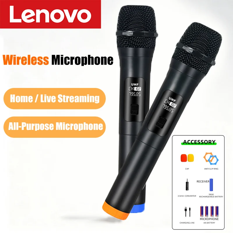 Lenovo – Microphone sans fil 2.4G UHF, fréquence fixe, 2 canaux, portable, pour fête en direct, karaoké, réunion professionnelle