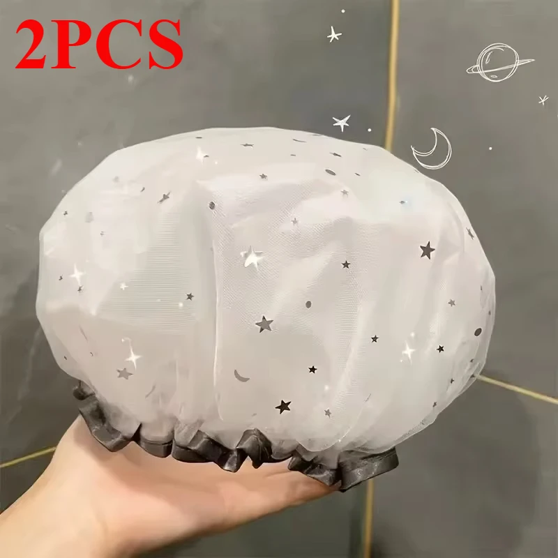 2pcs Double Layer Starry Sky Shower Caps Adjust Shower Waterproof Bath Hat Bathing Cap Reusable Sanitary Hat Bashroom Supplies