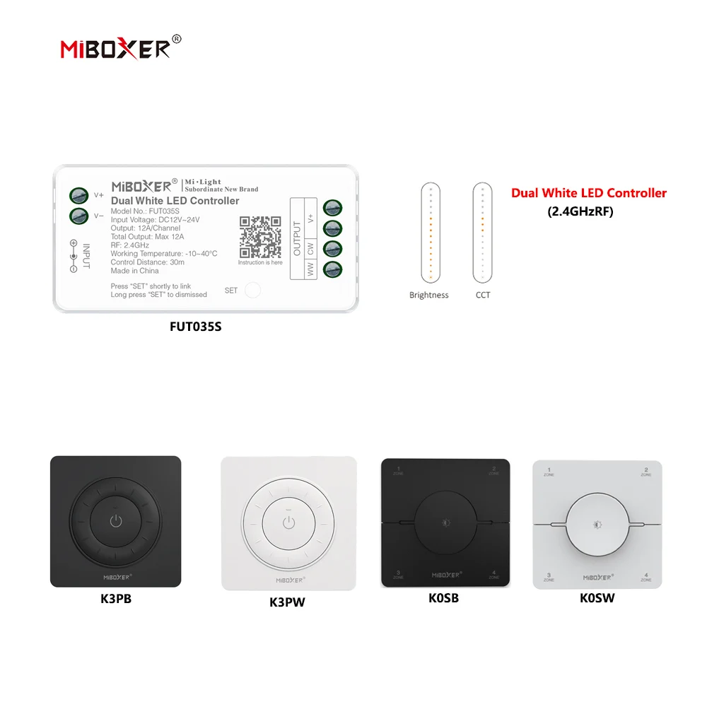 MiBoxer DC12~24V FUT035S+K0S K3P 86 2.4GHzRF Panel Remote Wireless Dual White 12A/Channel LED Controller For CCT COB/Led Strip