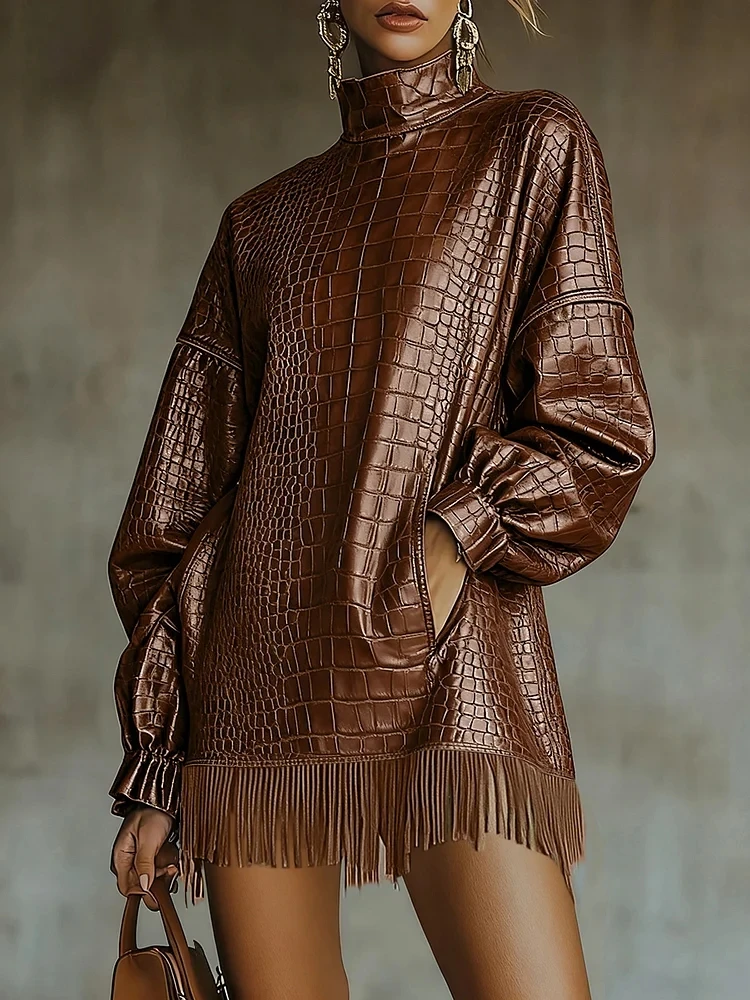 Imitation Crocodile Leather PU Mini Dress Turtleneck Long Sleeve Tassel Hem Retro Casual Loose Straight Dress for Women Autumn