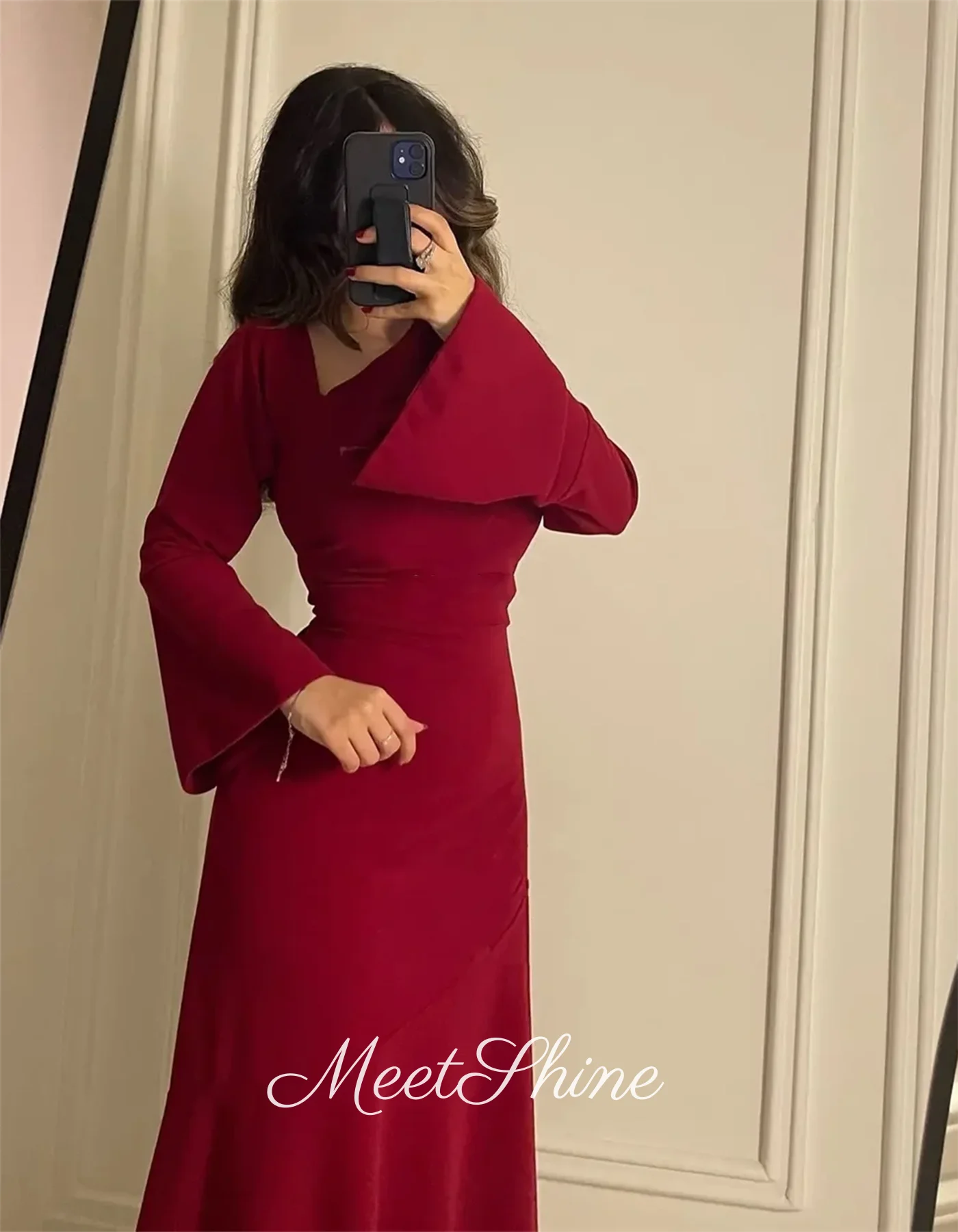 Modern Burgundy Long Flare Sleeves A-Line Evening Dresses Simple Dubai Satin Formal Wedding Prom Dresses for Women  Customized