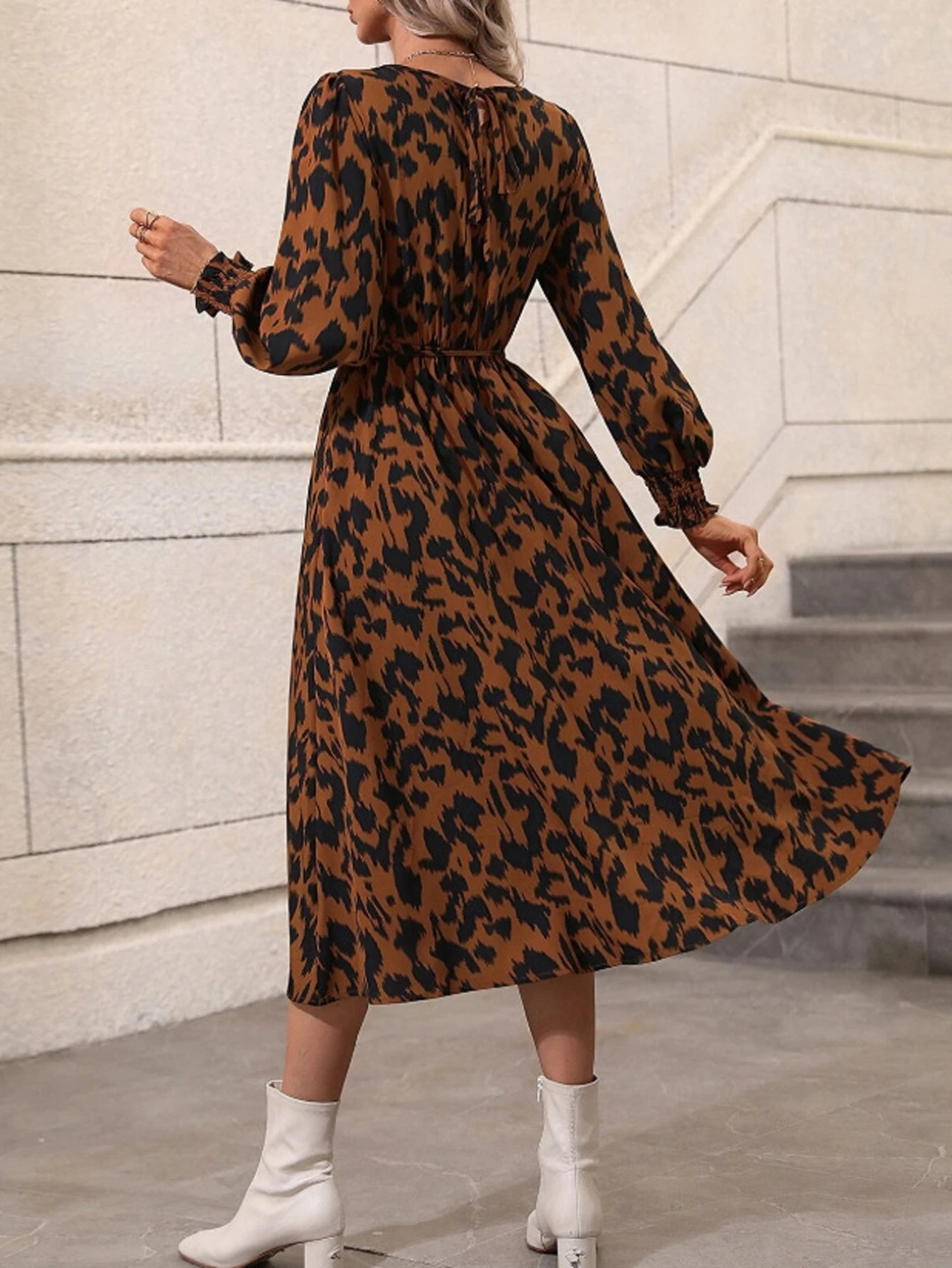 Feminino retro vintage tie dye rendas manga longa tripulação pescoço cintura alta a linha midi vestido outono férias vestido