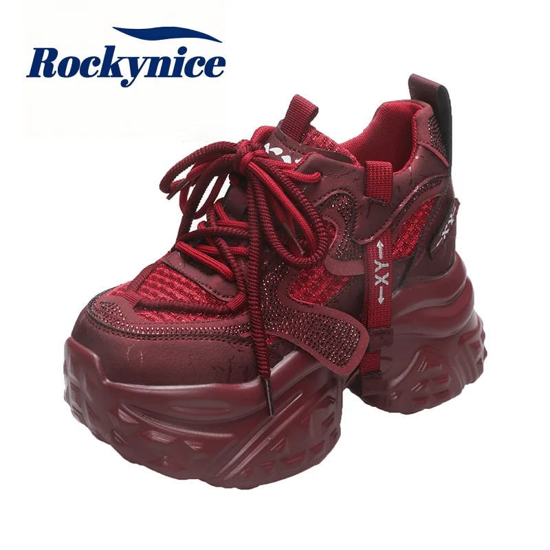 New 2026 Autumn Women Bling Chunky Sneakers 9CM Heels High Platform Sports Dad Shoes Woman Breathable Mesh Shoes Leather Sneaker