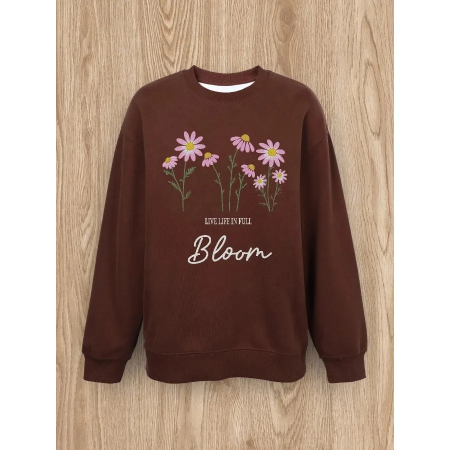 Women Basic Casual Pullover Long Sleeve Printed Round Neck Black Autumn Spring Daisy