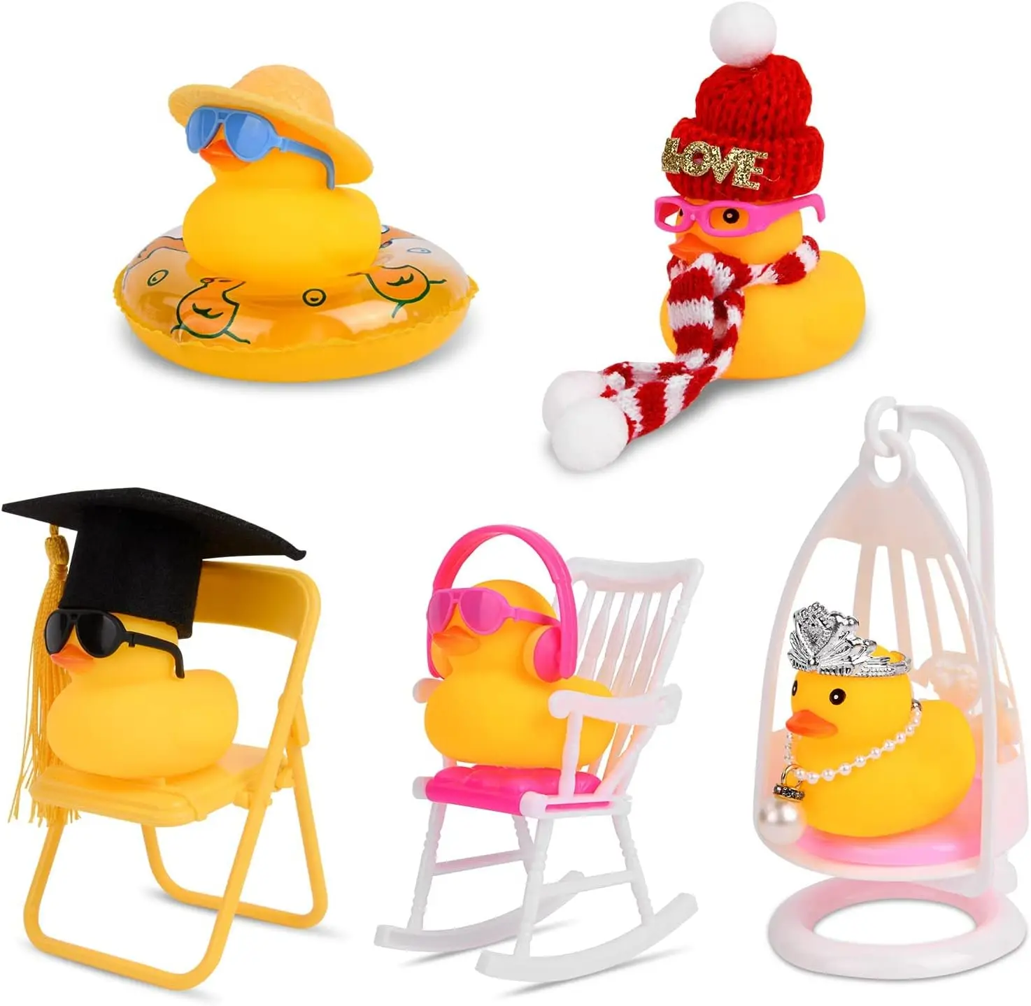 Rubber Duck voor auto set 5 stuks accessoires borddecoratie, grappig cadeau auto gadget badspeelgoed