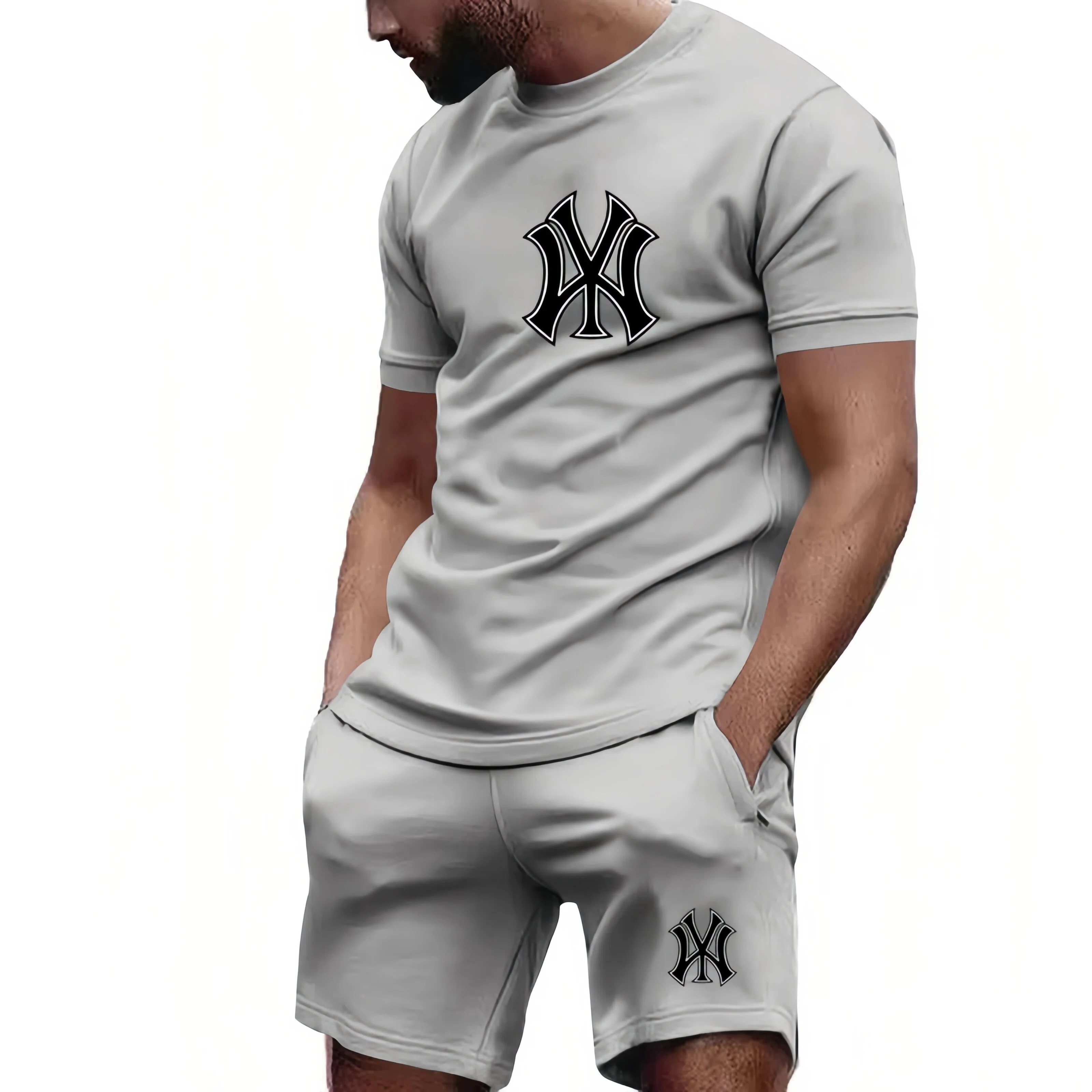 

Men's and Teenage Summer Clothing Two-Piece Short-Sleeved Pants Set Breathable Lightweight Round Neck Casual Sportswear T-Shirts