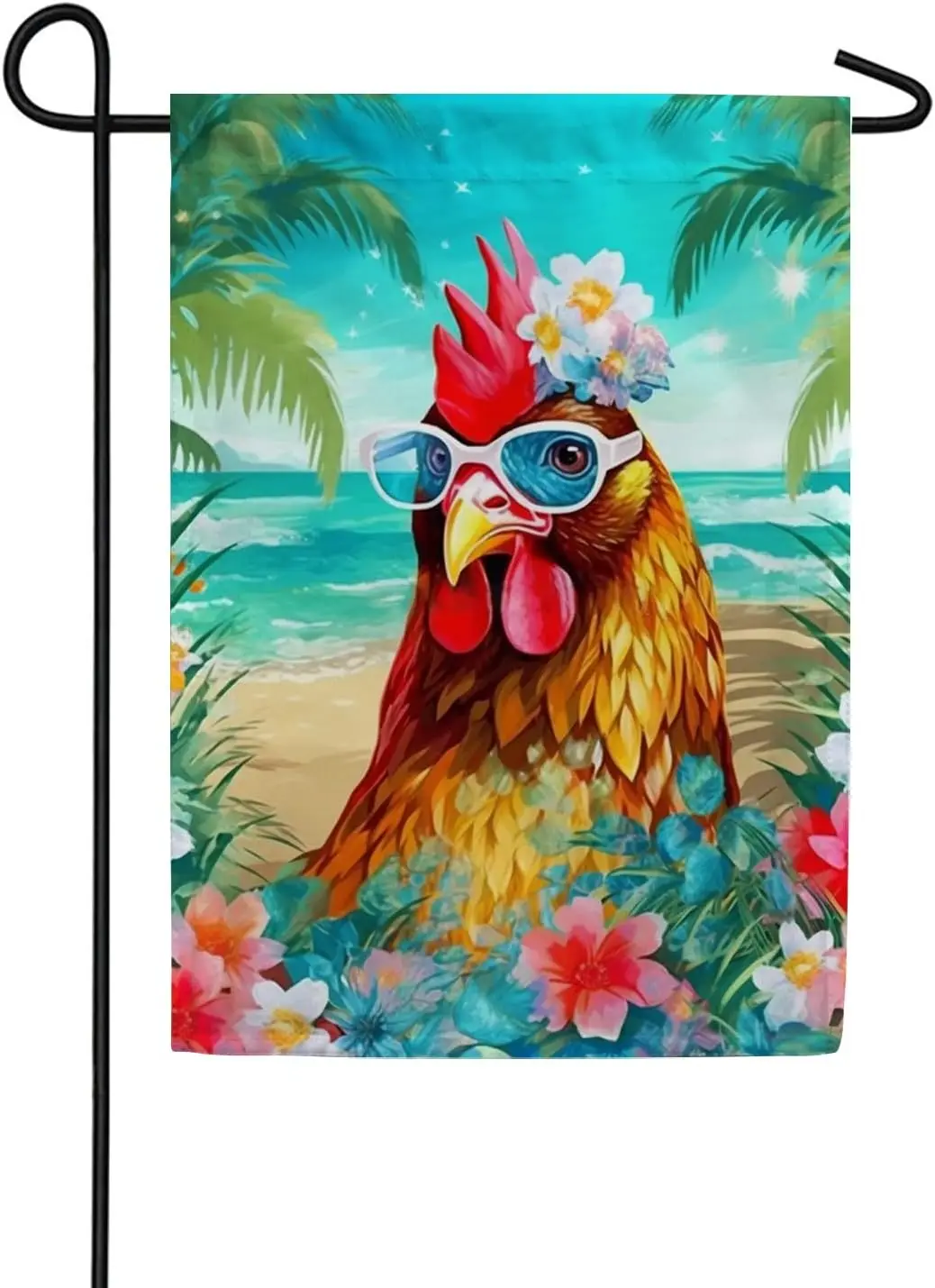 America Forever Tropical Beach Summer Rooster Garden Flag 12.5 x 18 inch Double Sided Carribean Chicken Hibiscus Frangipani Flor