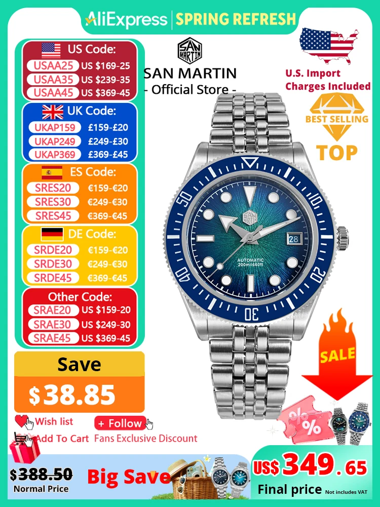 

San Martin 40mm Men's Luxury Diver Watch Miyota 9015 Enamel Sunburst Dial Automatic Mechanical Wristwatch Waterproof 200m SN0148