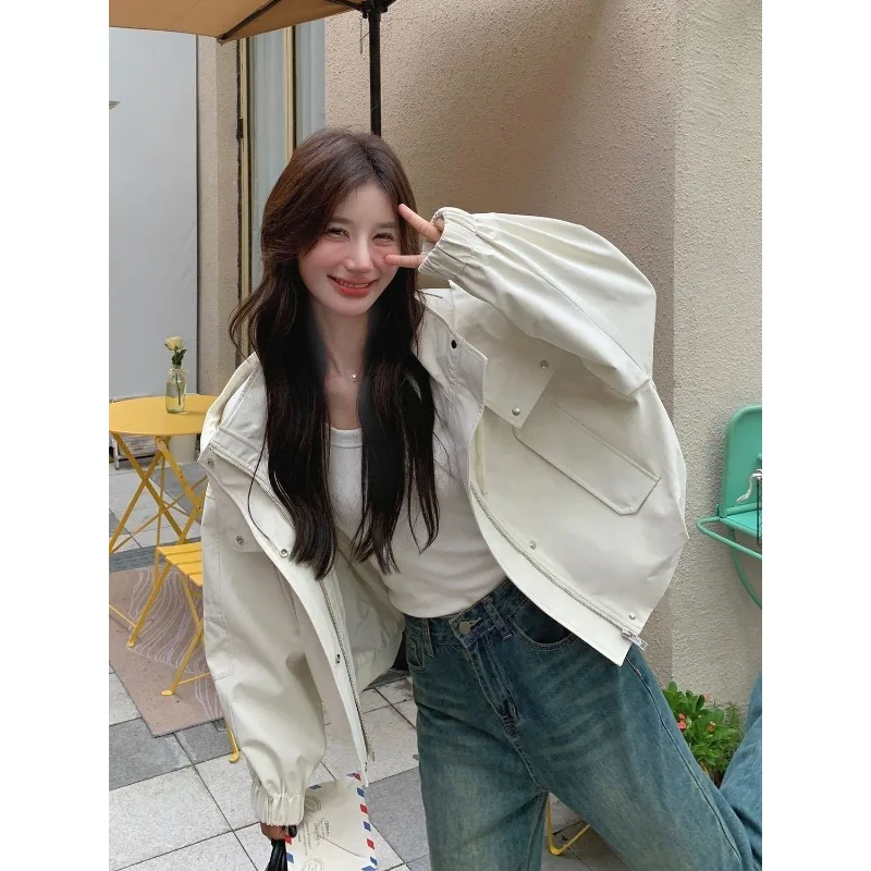 Korean Women Hooded Cargo Jacket Autumn Cream White Short Casual Windbreaker Coat For Petite