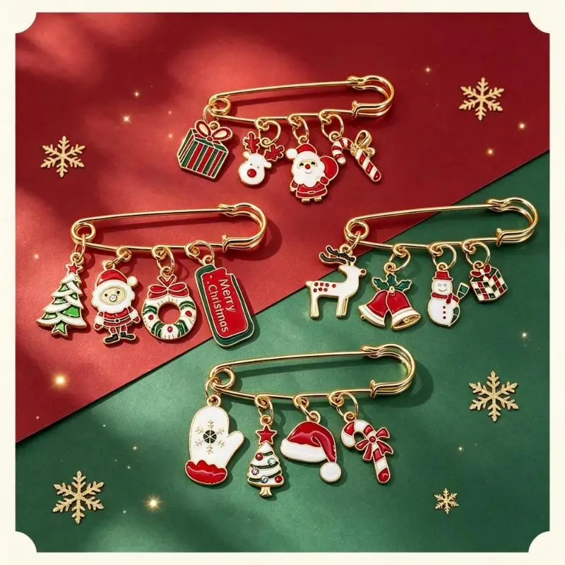 Christmas Santa Claus Snowflake Bells Pendant Brooch Xmas Tree Snowman Pins For Women Men Jewelry