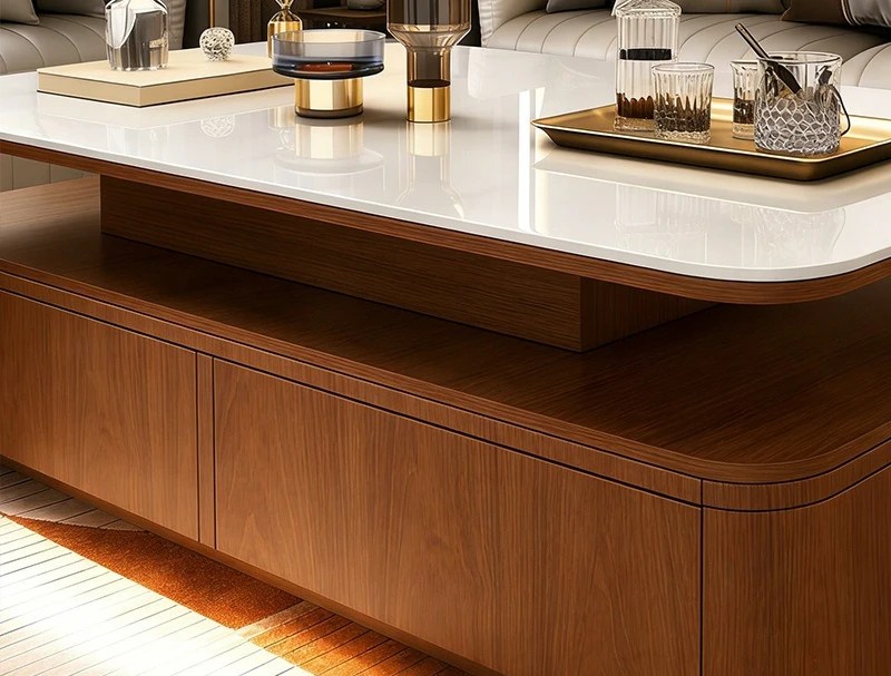 Modern light luxury rock slab coffee table rectangular double storage table walnut scratch-proof