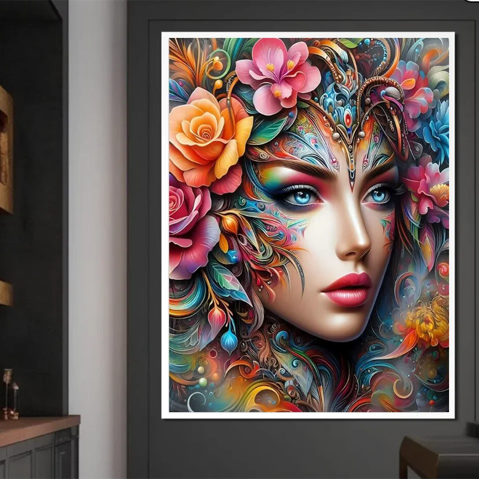 Colorful Woman With Flowers On Her Head DIY Full Diamond Painting Cross Stitch Kits New 2024 Mosaic Diamond Embroidery Sale