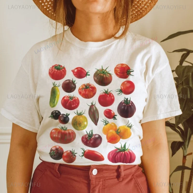 Tomato Fruit Woman Botanical Cottagecore Clothing Vegan Printed T-shirt Garden Cotton T Shirt Vegetable Fruit Tee Aesthetic Tops