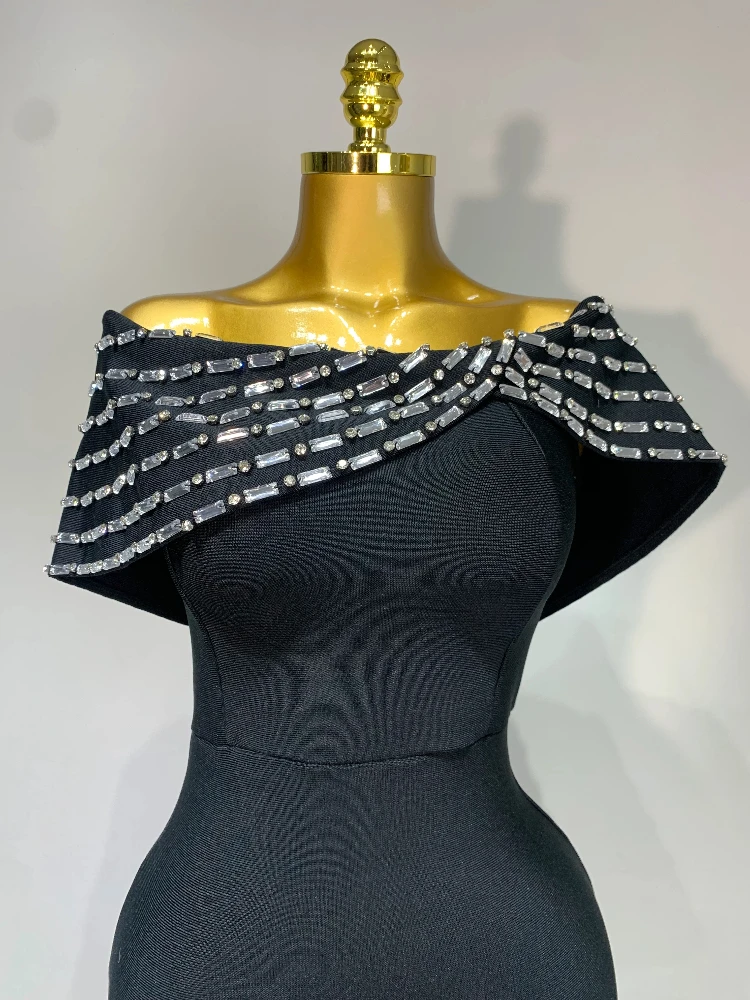 Abito da donna sexy senza spalline nero con spalle scoperte aderente con fascia elegante abito da festa lungo da cocktail casual sexy per celebrità