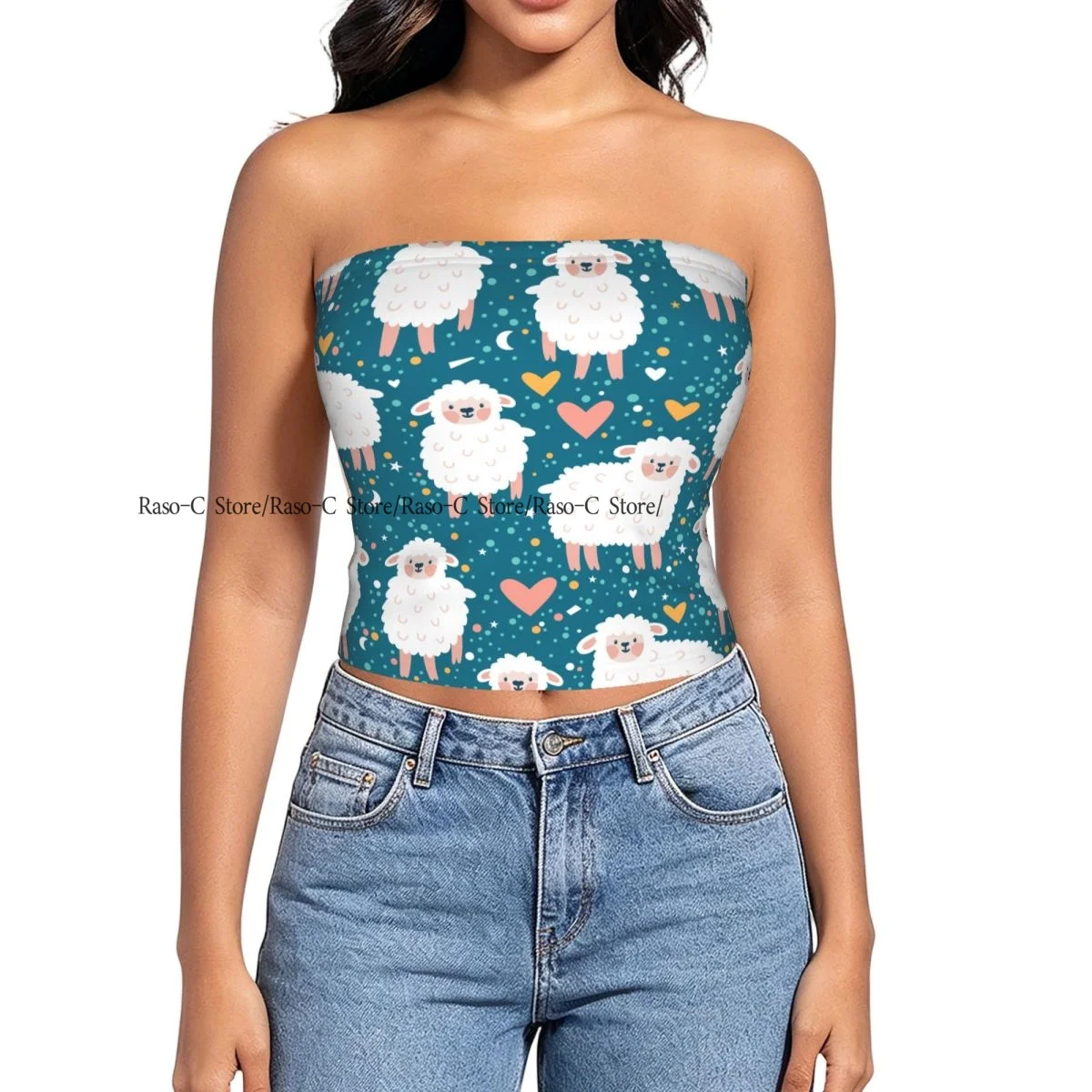 Strapless Sexy Tube Tops Summer Outfits Women Backless Shoulder Wrap Cute Sheep Heart Star And Dots Female Crop Top