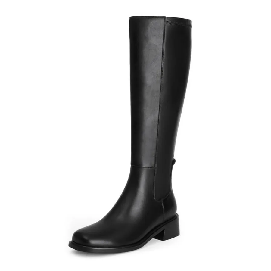 

QIY Knee High Boots Women Faux Leather Elastic Boots Low Heel Square Toe Side Zipper Fall Long Tall Boots for Women
