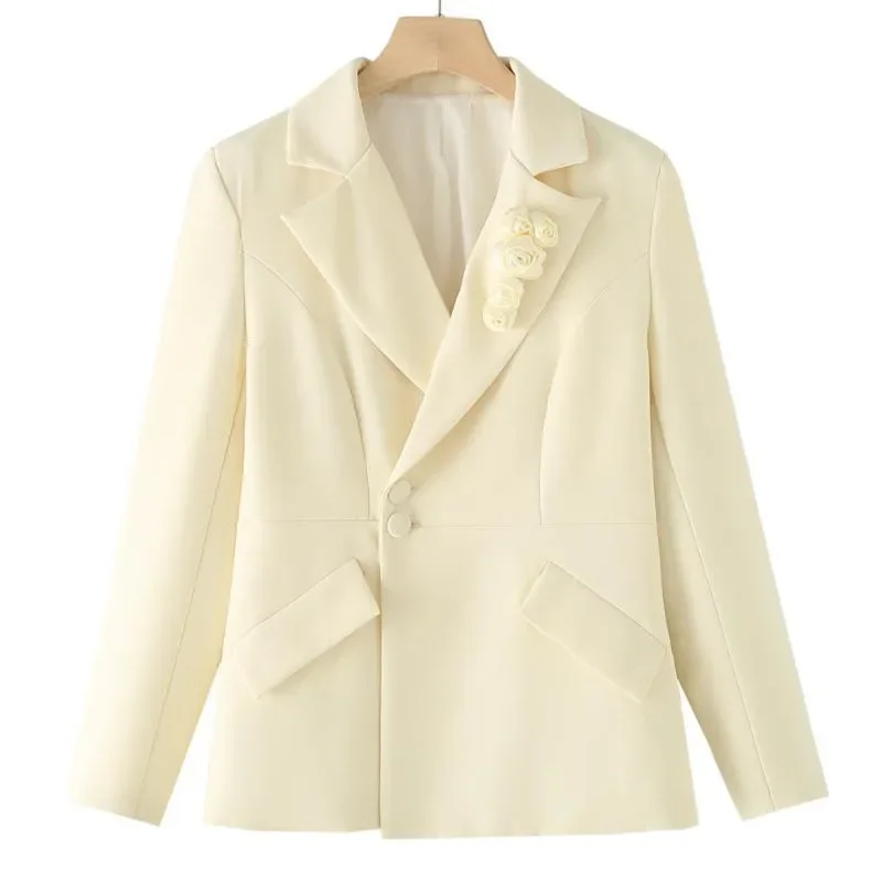 

Fashion Flower Decoration Beige Slim Suit Jacket Irregular Single-Breasted Notched Collar Long Sleeve Autumn Women Blazers Coat