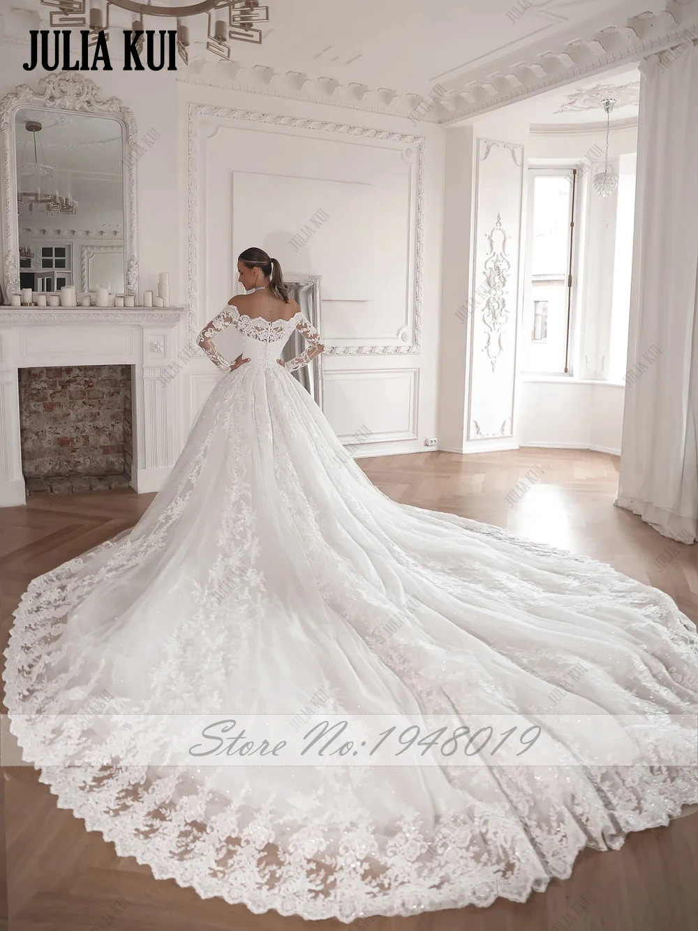 Julia Kui, выполненное на заказ элегантное бальное платье с открытыми плечами и вырезом лодочкой, свадебные платья, блестящие кружевные пышные платья невесты с длинными рукавами